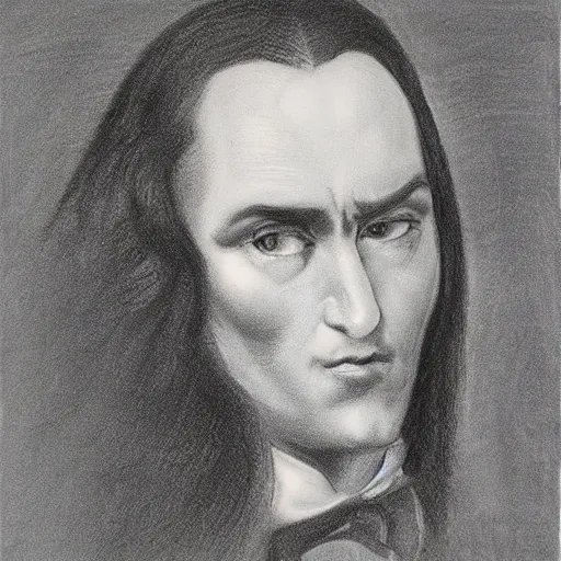 Prompt: charcoal portrait of an austrian gentleman, long black hair, evil