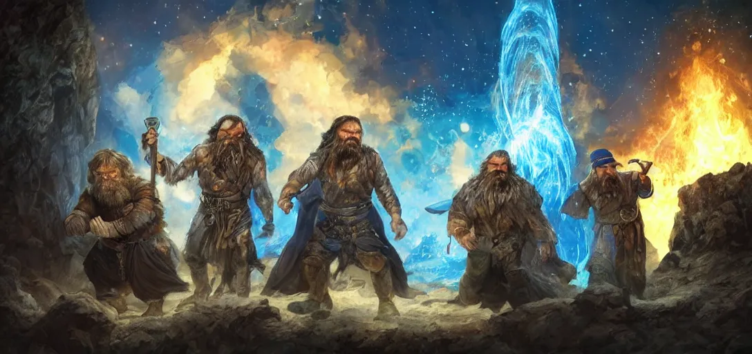 Prompt: Eitri (played by Peter Dinklage), Gimli (played by John Rhys-Davies), and Papa Smurf (played by Kenny Rogers). Cosmic crime fighting trio. beside glowing fire in cave. outer space background visible through cave entrance. Volumetric lighting. by Stanley Artgerm Lau, WLOP, Rossdraws, James Jean, Andrei Riabovitchev, Marc Simonetti, and Sakimichan, trending on artstation