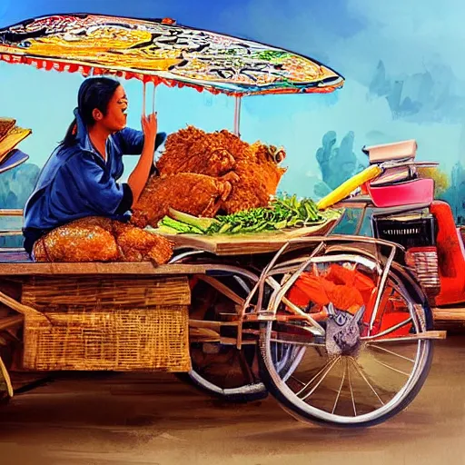 Image similar to “ an elephant selling fried chicken wings and sticky rice with a motorcycle cart in rural thailand. masterpiece. trending on artstation ”