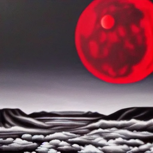 Prompt: flatwood's monster hyperrealistic detailed oil painting black white and red blood moon in the back