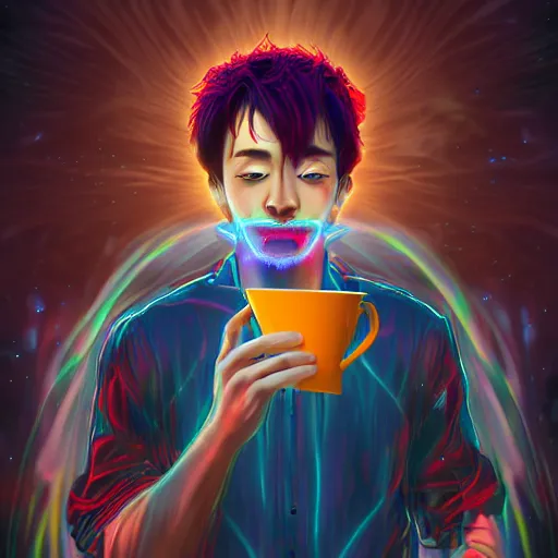 Image similar to A man drinking a cup of cosmic energy bright light by Park Sung-woo Red Ice, 4k, digital art, surreal, anime style,