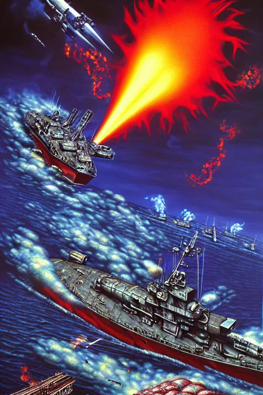 Prompt: a hyperrealistic painting of a battle ship firing at monster taking over city, cinematic horror by jimmy alonzo, the art of skinner, chris cunningham, lisa frank, richard corben, highly detailed, vivid color,