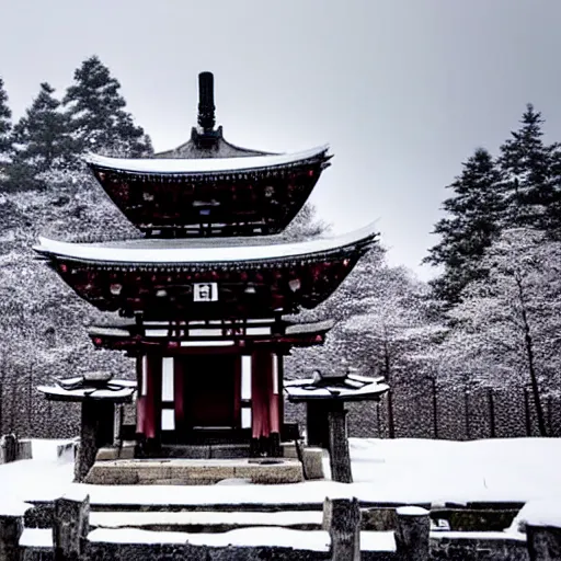 Image similar to a monolithic japanese temple on a snowcapped mountain. snowing, grainy, overcast sky.