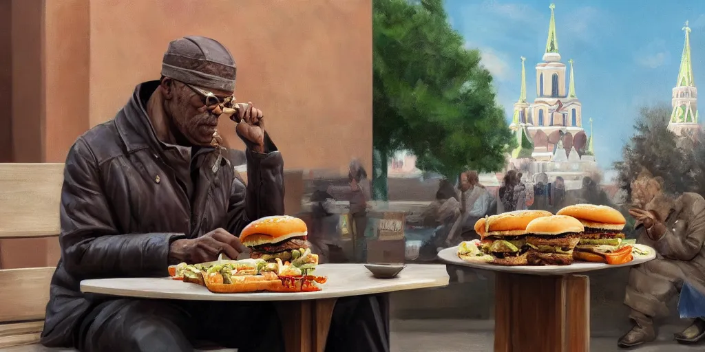 Image similar to highly detailed portrait painting of young samuel l jackson eating burger sitting on bench near moscow kremlin, balalaika, perfect symmetrical eyes, by eddie mendoza and tyler edlin, 8 k resolution