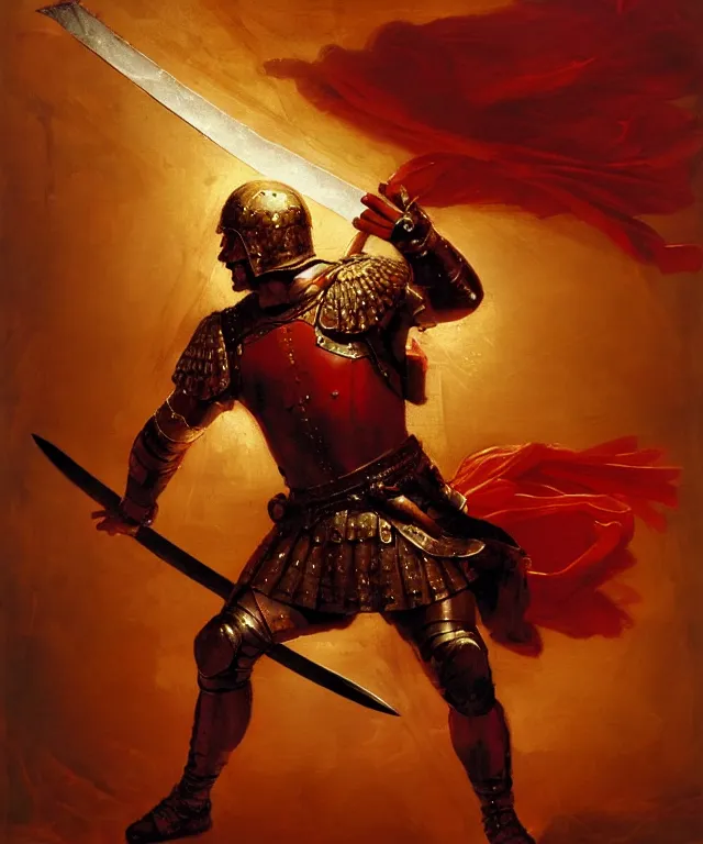 Image similar to renaissance painting of muscular roman soldier with sword by simon bisley and greg rutkowski, full body armor! dynamic battle pose, vivid red and gold color scheme, cinematic atmospheric lighting