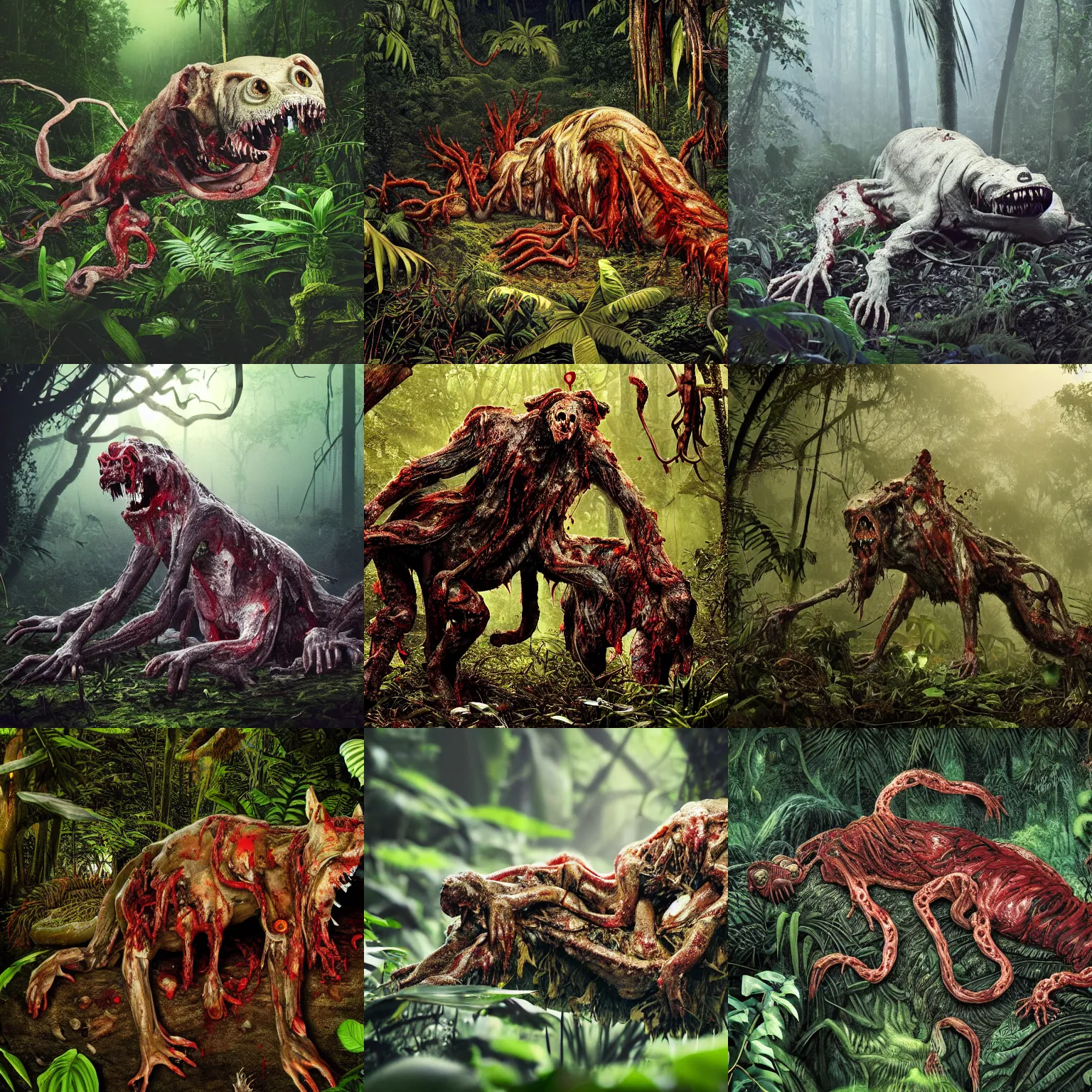 Prompt: an ultra-detailed high-quality photo of twisted humans and animals melting together, forming a massive livid amorphous mass of blood-oozing body horror composed of random limbs, patches of fur, eyes, teeth, and intestines falling out and slithering, in a deep lush jungle at night, hazy atmosphere