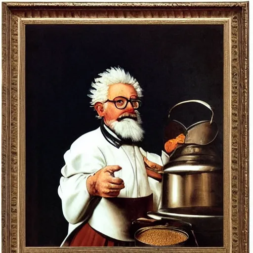 Prompt: Colonel Sanders shakes spices into a metal pot. Painted by Caravaggio, high detail