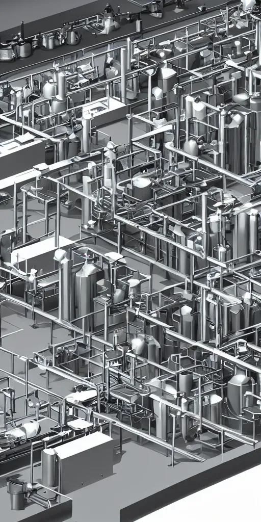 Image similar to concept art, industrial synthetic food production line.