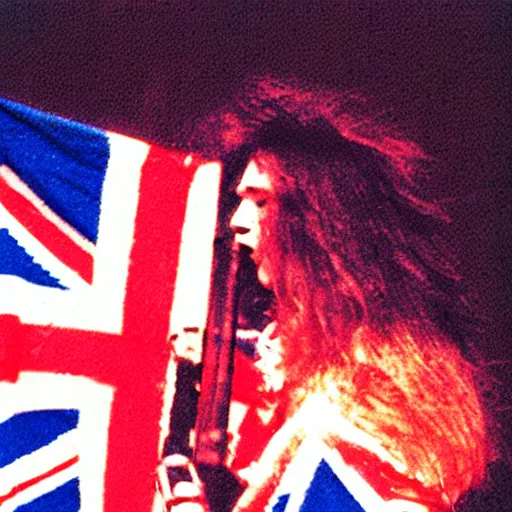 Image similar to 1 9 - year - old girl in a traditional doom metal band, new wave of british heavy metal, live in concert, live 1 9 8 6, united kingdom flags, union jack, playing electric guitar, headbanging crowd of longhairs, audience of longhairs, super 8 mm, grainy photo, colorized