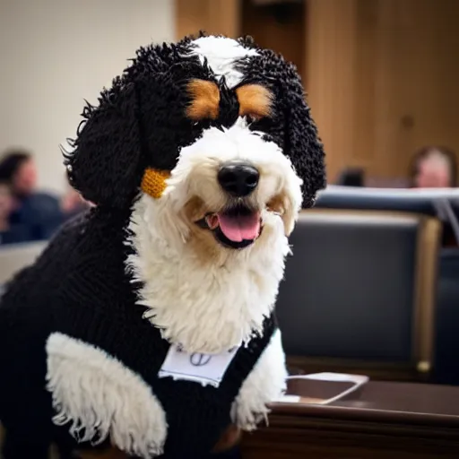 Image similar to a closeup photorealistic photograph of a cute smiling knitted bernedoodle judge dog dressed in a black gown, presiding over the courtroom. professional capture, well lit shot. this 4 k hd image is trending on artstation, featured on behance, well - rendered, extra crisp, features intricate detail, epic composition and the style of unreal engine.