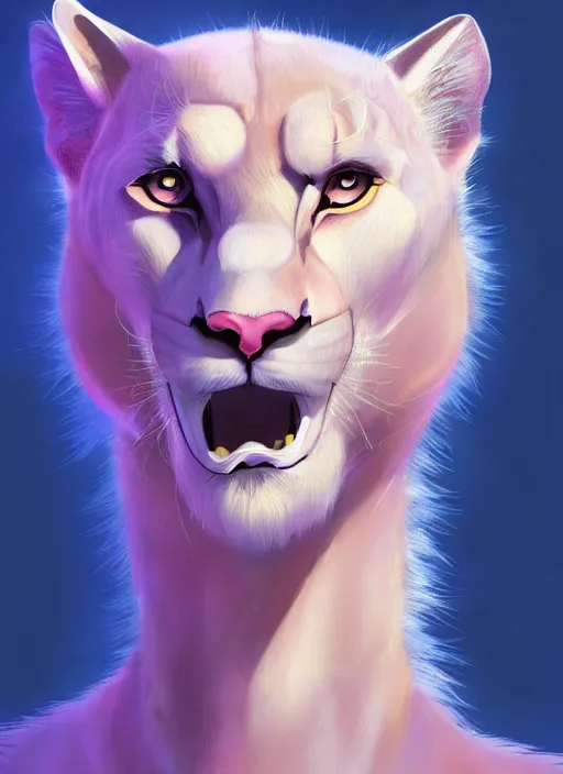 Image similar to award winning beautiful portrait commission of a male furry anthro albino mountain lion with a beautiful hyperdetailed attractive outfit and face wearing a blue and pink rockstar outfit on a stage. Character design by charlie bowater, ross tran, and makoto shinkai, detailed, inked, western comic book art