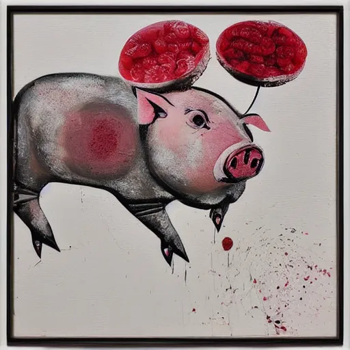 Image similar to “pig paintings and pig sculptures in a pig art gallery, pork, ikebana white flowers, white wax dripping, squashed raspberry stains, acrylic and spray paint and oilstick on canvas, by munch and Dali”