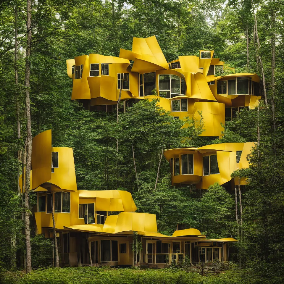 Image similar to architecture ad for a 1 story mid-century modern house in the middle of the forest, designed by Frank Gehry. Film grain, cinematic, yellow hue