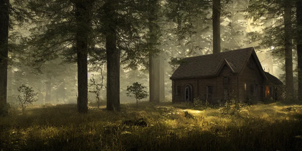 Prompt: a cottage in the woods and empty woods, 8k, fantasy, hyper realistic, dramatic lighting, cinematic