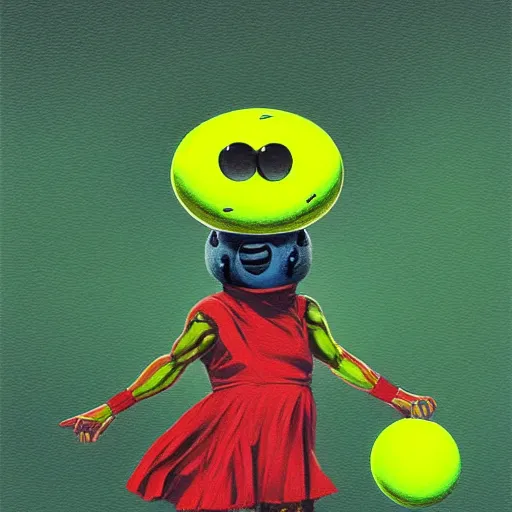 Image similar to a tennis ball monster, tennis ball, dark, chalky, rabbit, digital art, fantasy, magic, trending on artstation, ultra detailed, professional illustration by Basil Gogos