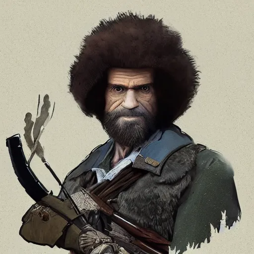 Image similar to an ultra detailed vector image of bob ross dressed as the hunter from bloodborne, concept art by alphonse mucha and greg rutkowski, praise the blood moon, octane render,