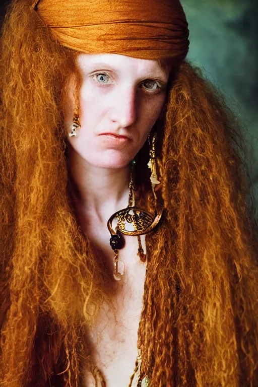 Image similar to 19th Century Barbary Coast pirate beautiful female model with amazing Ginger hair and Golden hooped earrings photography by Steve McCurry