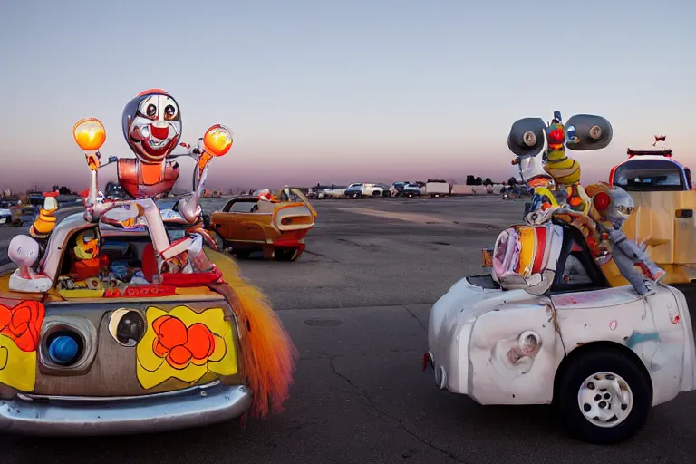 Prompt: 2 0 clowns - robots leaving a clowncar at a california drive in, in 2 0 1 2, cutecore clowncore, bathed in the the glow of the sunset, low - light photograph, in style of tyler mitchell