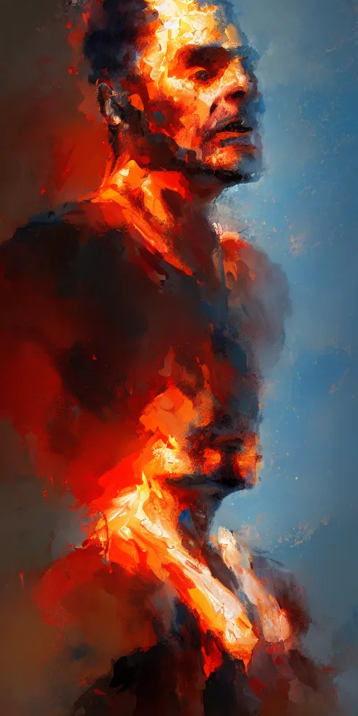 Prompt: abstract painting of man on fire, by craig mullins, featured on artstation. Portrait.