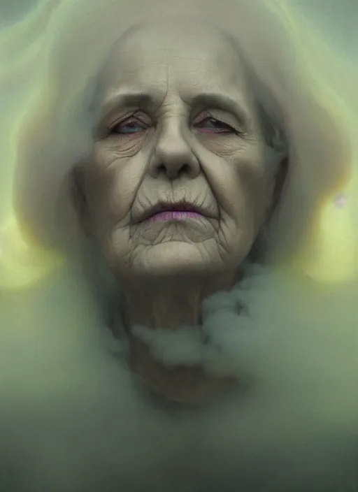 Image similar to an ethereal, misty portrait of an old woman whose face is accented with neon - toned glowing eyeliner. the makeup floats off her face and joins swirling clouds of smoke and fog, becoming an aurora. muted tones. surreal portrait, cinematic lighting, 8 k, smooth, sharp focus, digital painting, rendered in octane, painted by tom bagshaw, artgerm