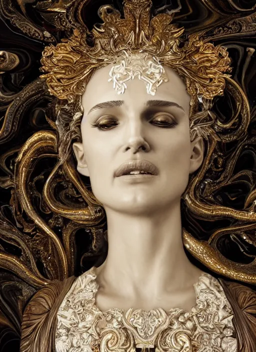 Prompt: beautiful romantic marble sculpture of natalie portman, oil slick, palladium veins, dripping, mandelbulb, hypercube, ivory carving, fractal paisley inlay, lace, intricate, elegant, highly detailed, gold inlay, metallic, ivory, artgerm, lace, by ruan jia, greg rutkowski, mucha, wlop, gil elvgren, nick alm