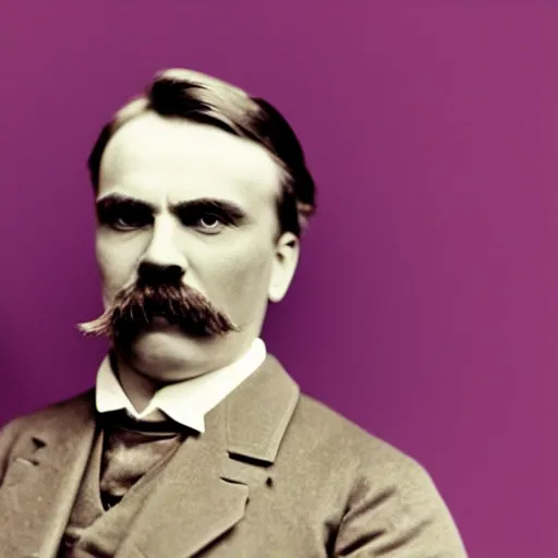 Prompt: friedrich nietzsche studio photography, purple background, smiling