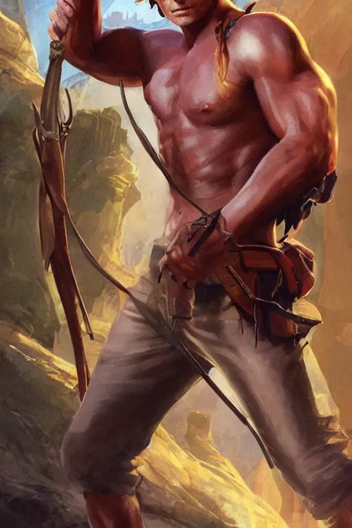 Prompt: pretty muscular sam winchester as indiana jones in the fate of atlantis, clothes torn apart, fantasy style, sharp focus!, ultra detailed, art by artgerm and peter andrew jones, wlop