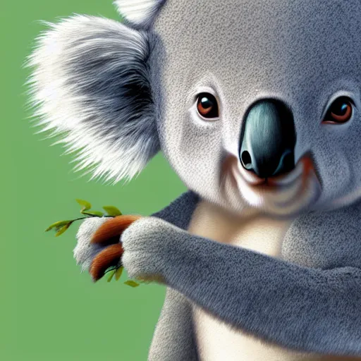 Prompt: Koala with hat eating eucalyptus, digital art, artstation