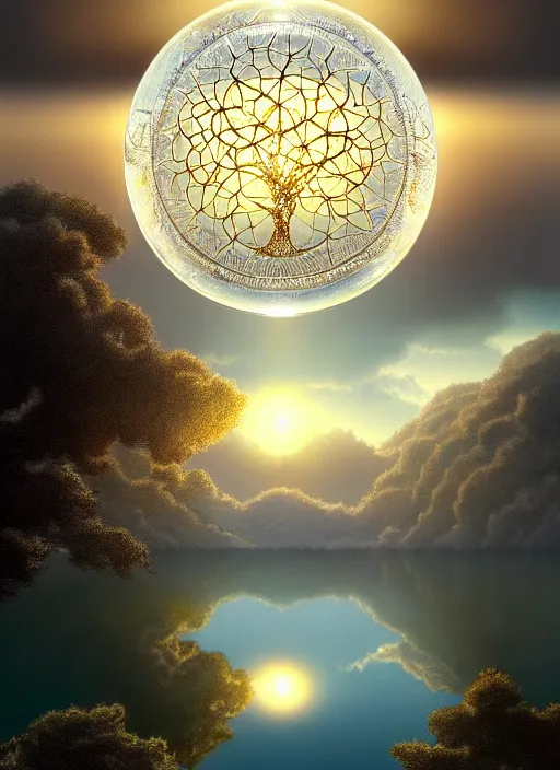 Image similar to transparent horizontally centered crystal sphere floating over a serene lake, tree of life inside the ball, intricate details, radiant light, reflections on the water, ripples, moody sky, hyperdetailed illustration by yuumei, by mark brooks, john harris, artstation, low global light, coherent composition