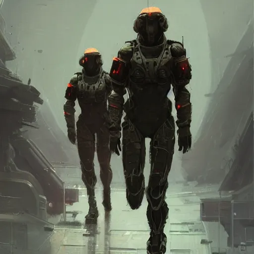Image similar to concept art by greg rutkowski, soldiers in futuristic tactical gear, running around the outside of a space colony, futuristic, brutalistic environment, scifi, detailed and intricate environment, reddish lighting, stressful atmosphere, high technology, highly detailed portrait, digital painting, artstation, concept art, smooth, sharp foccus ilustration, artstation hq.