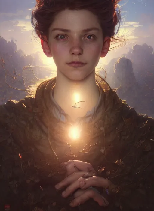 Image similar to highly detailed portrait of a potrait in a potrait, stephen bliss, unreal engine, fantasy art by greg rutkowski, loish, rhads, ferdinand knab, makoto shinkai and lois van baarle, ilya kuvshinov, rossdraws, tom bagshaw, alphonse mucha, global illumination, radiant light, detailed and intricate environment