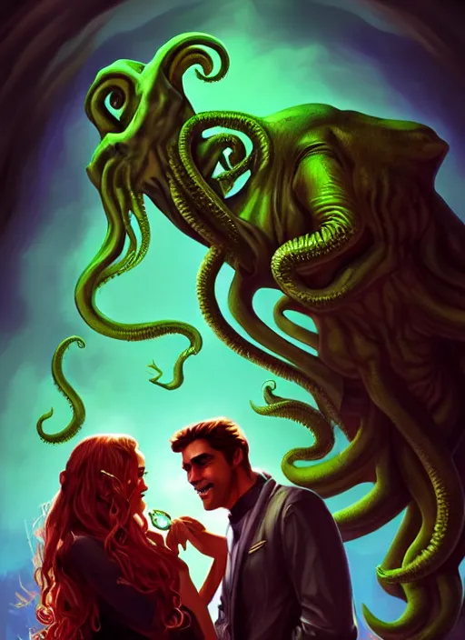 Prompt: mills and boon romance novel cover with cthulhu and fabio, they are in love, digital painting, artstation, concept art, smooth, sharp focus, warm lighting,