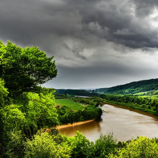 Prompt: dordogne typical landscape, hills in the background, summer, river, ultra detailed, ultra sharp, award winning. 8 k, flowers, trees, thunderstorm and rain, very dark clouds. lightning