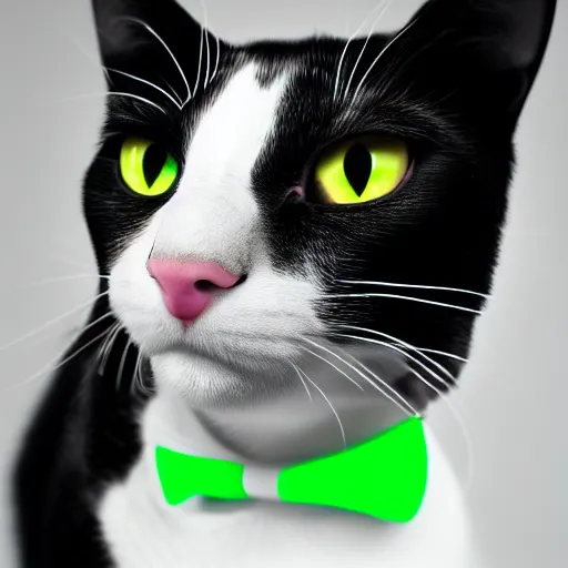 Prompt: Portrait of a beautiful black and white cat wearing tuxedo in space with colorful bright green eyes, medium shot, hd, 8k, hyper-realism, detailed, octane 8k,