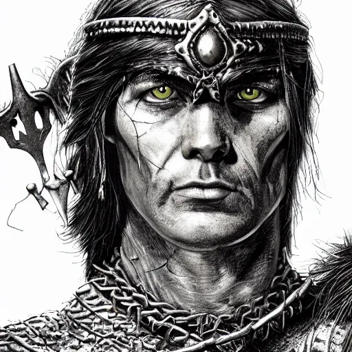 Image similar to Portrait of Conan the Cimmerian , loincloth, chainmail, axe, male, fantasy, extremely detailed, mixed media and fineliner illustration, artstation, fantasy art, smooth, sharp focus, RPG action portrait, dazzling lighting, art by Carl Critchlow, Simon Bisley and Bill Sienkiewicz , hyperrealistic character close-up, dark fantasy, foreboding atmosphere, golden ratio, hyperdetailed, highest resolution, laboriously detailed and complicated, artstation, Jia Ruan, 8k