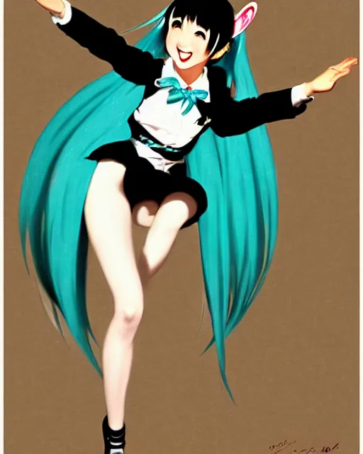 Image similar to hatsune Miku dancing by Gil Elvgren and Enoch Bolle