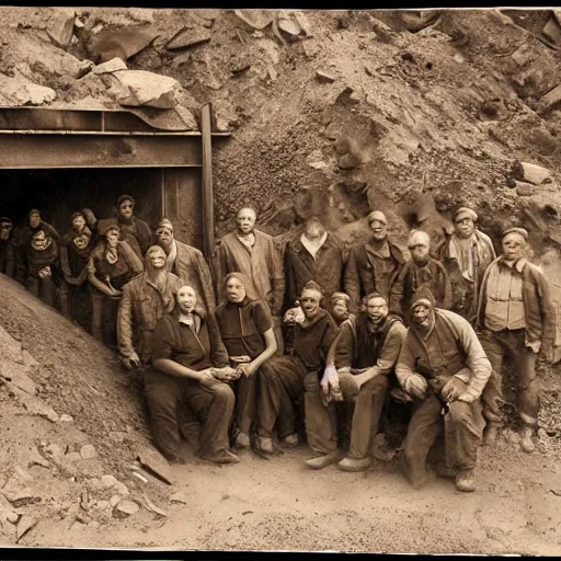 Image similar to a diverse group of alienated mine workers in a mine shaft, sepia, vintage photo, pinhole camera