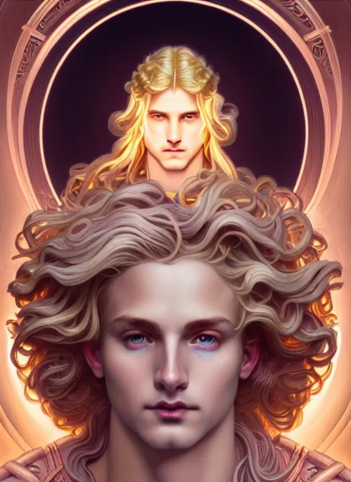 Prompt: smirking young god apollo, wavy blond hair, bright halo, glowing eyes, volumetric lights, rose gold scheme, art nouveau botanicals, gothic, intricate, highly detailed, digital painting, artstation, concept art, smooth, sharp focus, symmetric face, illustration, steampunk, art by artgerm and greg rutkowski and alphonse mucha