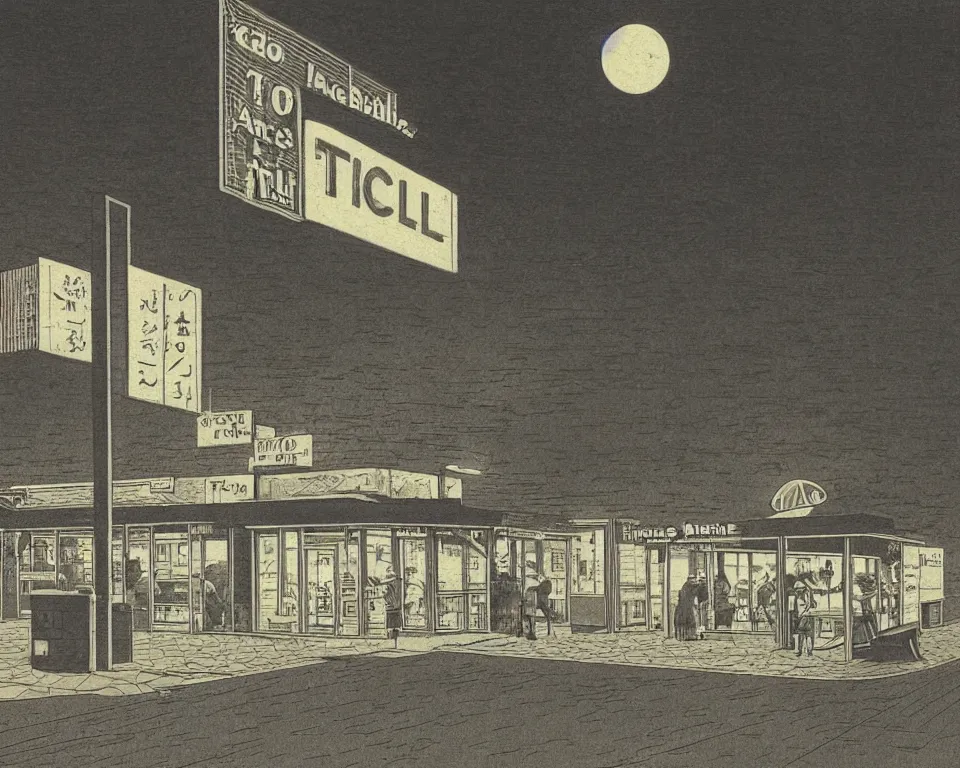 Image similar to achingly beautiful print of a Taco Bell drive through bathed in moonlight by Hasui Kawase and Lyonel Feininger.