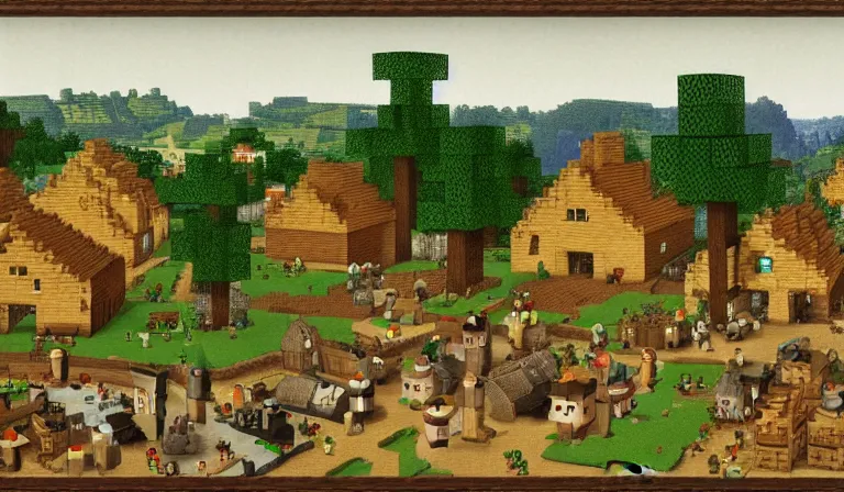 Image similar to a minecraft village, by pieter bruegel the elder