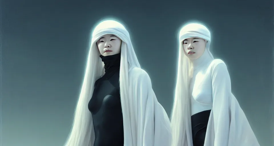 Image similar to painting of a portrait of kang seul - gi, as a cyberpunk girls at night. white long hair, burka, ruan jia, weldon casey, ralph mcquarrie. cinematic. smooth gradients, transparent inflatable structures in akakus desert. trending on artstation.