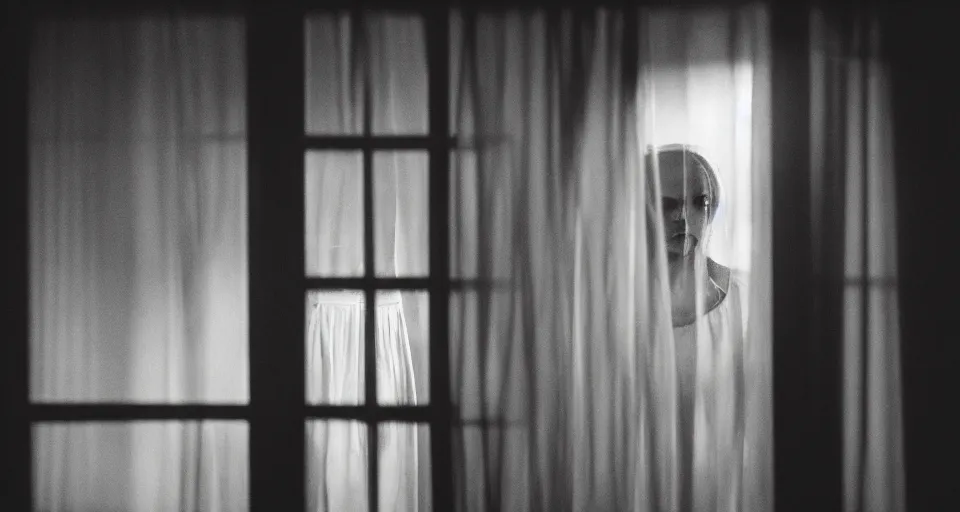 Prompt: Horror film, cinematic tones. Scene where a woman in white looking the window at midnight .