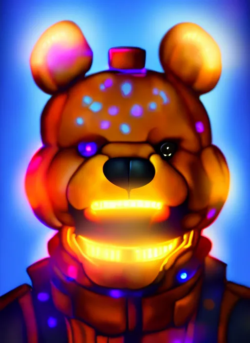 Prompt: portrait of freddy fazbear, glowing lights, highly detailed, digital painting, artstation, concept art, sharp focus, illustration