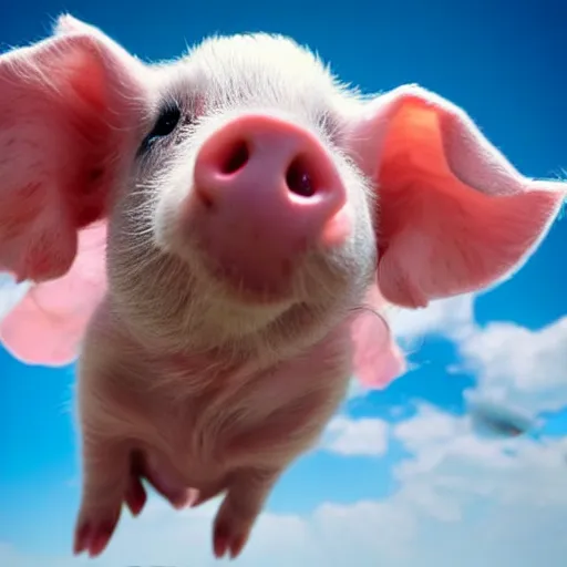 Image similar to photograph of baby pig with big ears as wings flying over romanian village, a blue sky, bokeh, dramatic lighting, professional photography