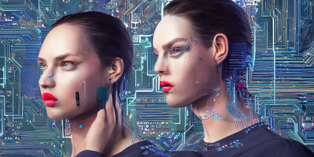 Image similar to portrait of computer & circuits, 8 k, by tristan eaton, trending on deviantart, face enhance, hyper detailed, minimalist, super detailed, cinematic, unreal engine, octane render, chalk texture on canvas