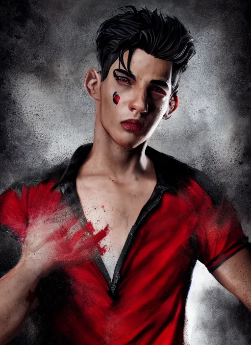 Image similar to An epic fantasy comic book style portrait painting of a young man with black and red cowlick undercut haircut, wearing a red shirt, black overcoat, blue jeans. Unreal 5, DAZ, hyperrealistic, octane render, cosplay, RPG portrait, dynamic lighting