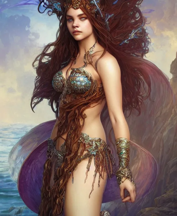 Image similar to portrait of barbara palvin as a powerful mermaid sorceress, full body, d & d, fantasy, intricate, elegant, highly detailed, digital painting, artstation, concept art, art by artgerm and greg rutkowski and alphonse mucha