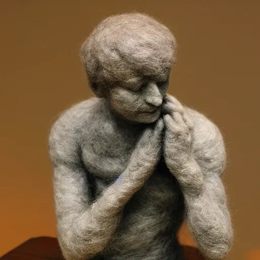 Image similar to needle felted sculpture of the thinker by rodin