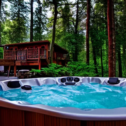 Image similar to hot tub rave outside a woodland cabin