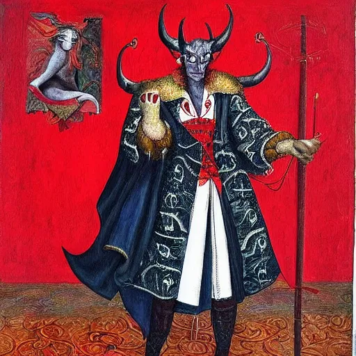 Image similar to Stunning and highly detailed painting of the devil in human disguise wearing a red doublet